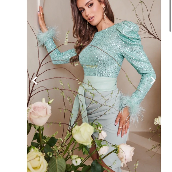 NEW SEASON Stunning Lavish Alice sequin feather embellished midi dress in sage - Picture 4 of 13